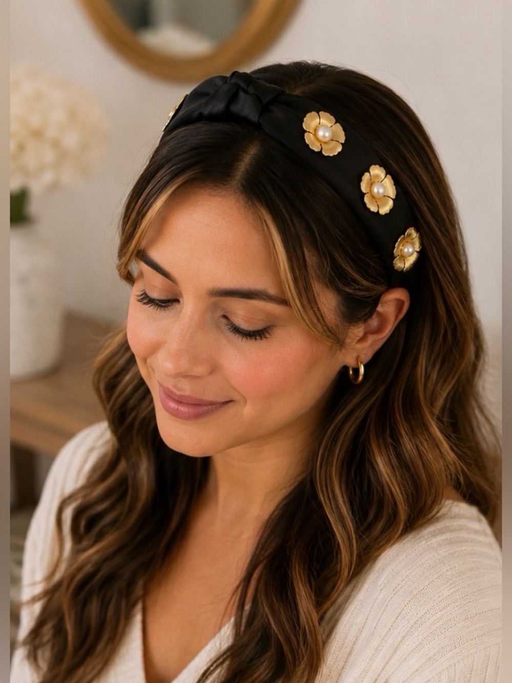 Black Satin Knotted Headband with Gold Floral Pearl Accents Y2K Boho Bridal NEW